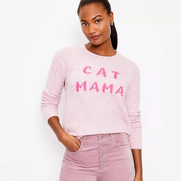Loft “CAT MAMA” Wool Blend Soft Cozy Pink Crewneck Sweater Size Medium - Picture 4 of 11